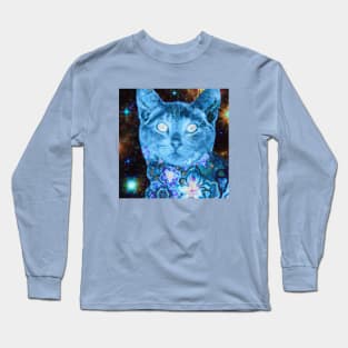 Blue Cosmos Kitty Batik Pattern Long Sleeve T-Shirt